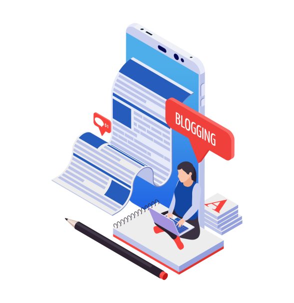 Blogging isometric icon with character writing post 3d vector illustration